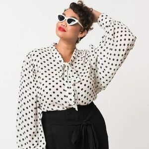 Unique Vintage White & Black Polka Dot Neck Tie Gwen Blouse | Sz M | NWT!